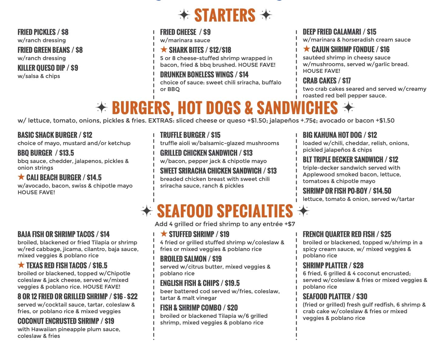 Shark Shack Starters, Burgers, Hot Dogs, Sandwiches, and Seafood Menu