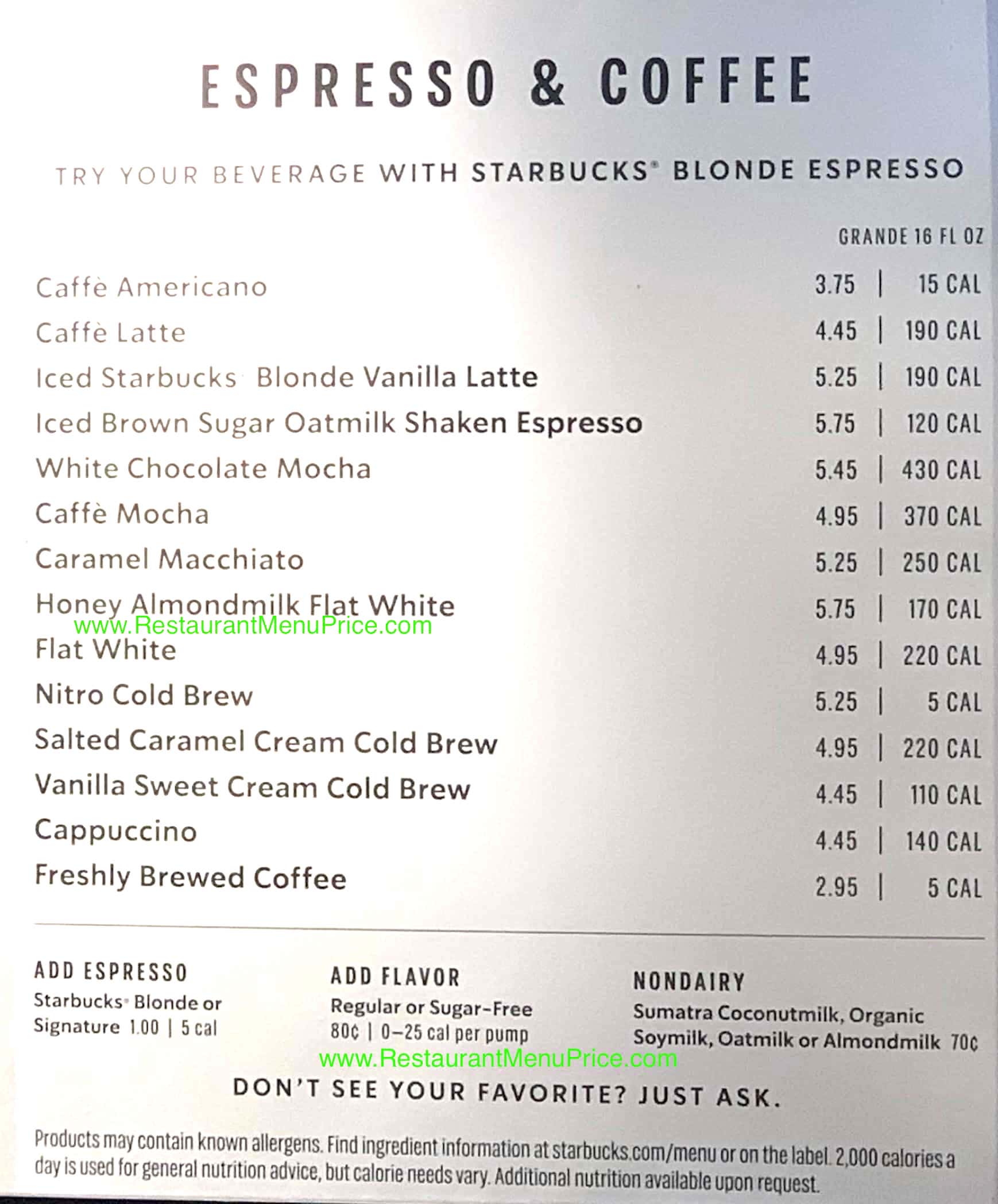 Starbucks Espresso and Coffee Menu