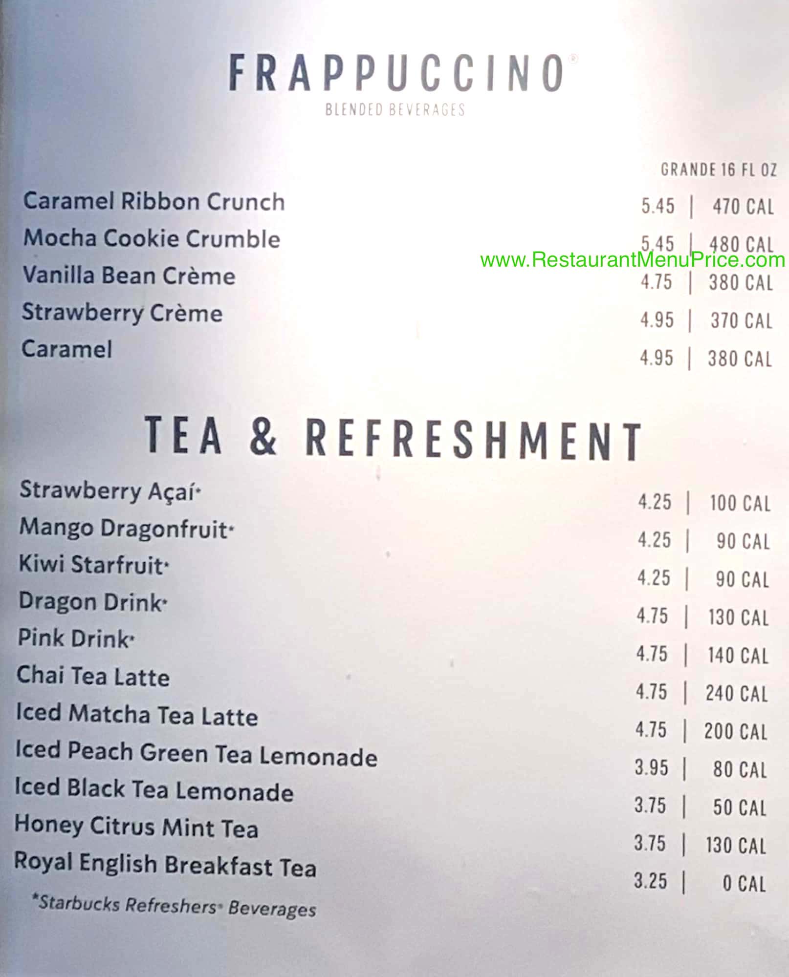 Starbucks Frappuccino, Tea, and Refreshments Menu