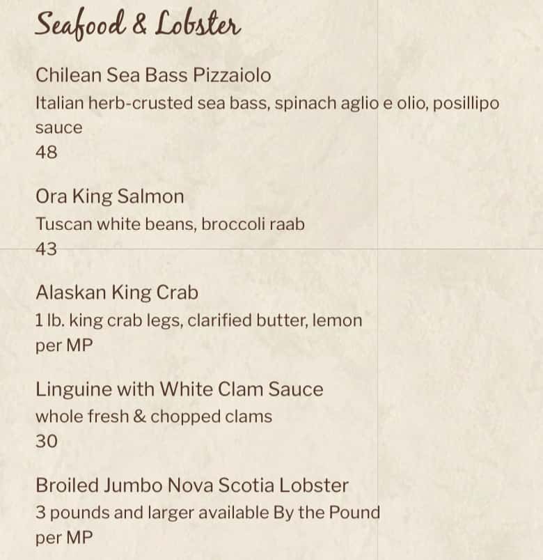 The Palm Seafood and Lobster Menu
