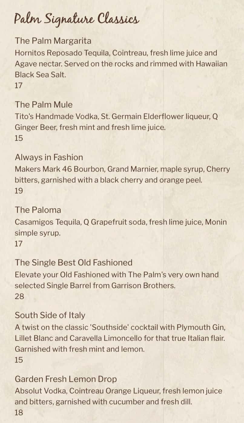 The Palm Cocktail Menu