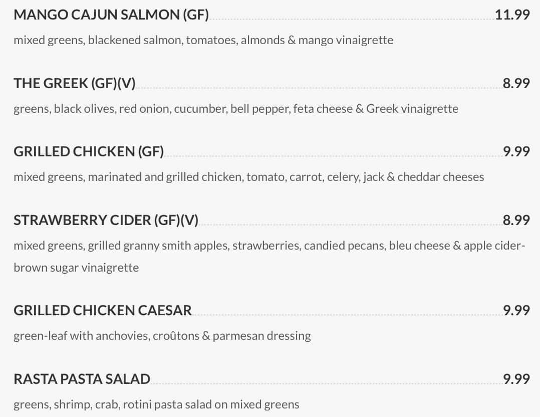 Yaga's Salads Menu