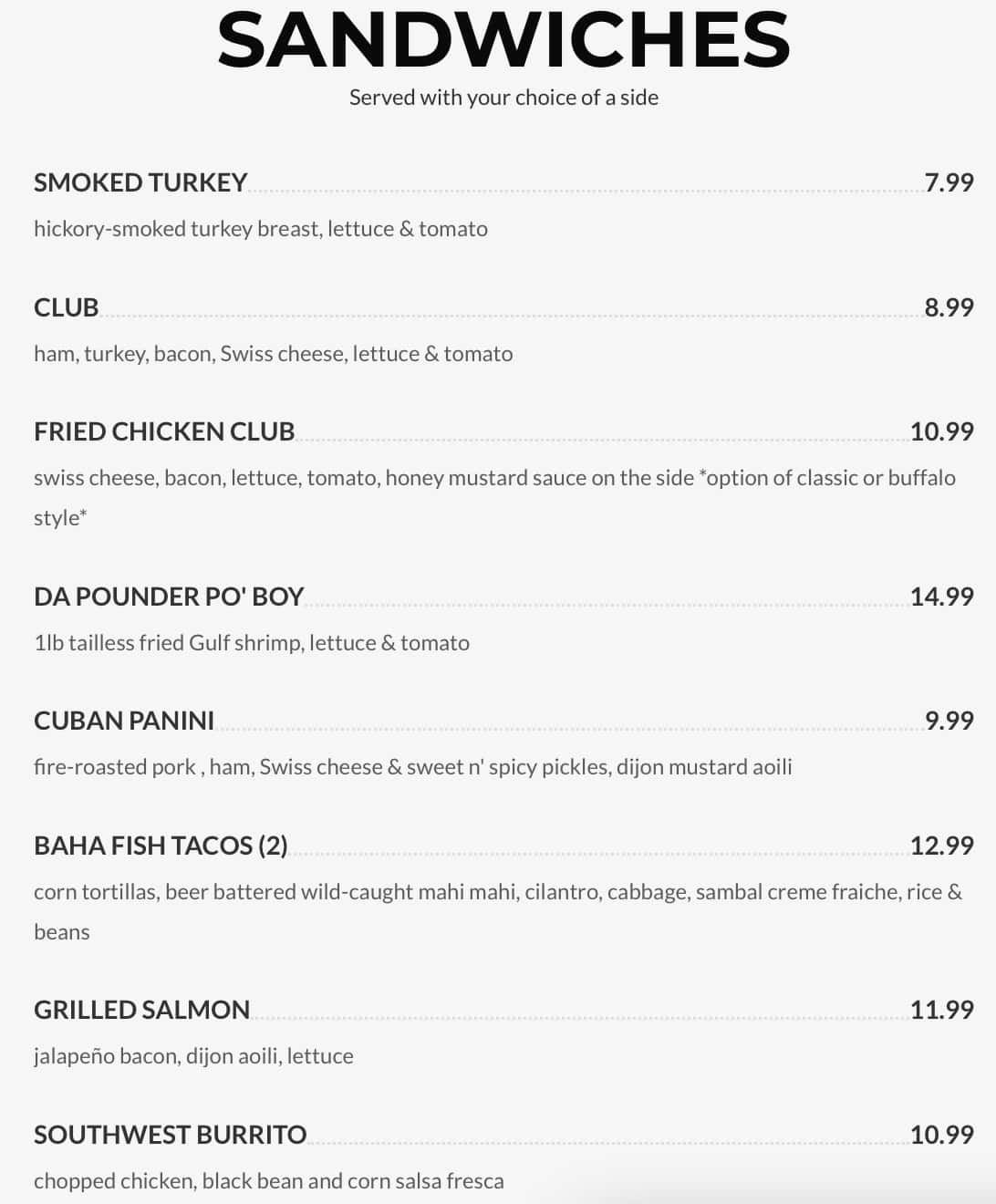 Yaga's Sandwiches Menu