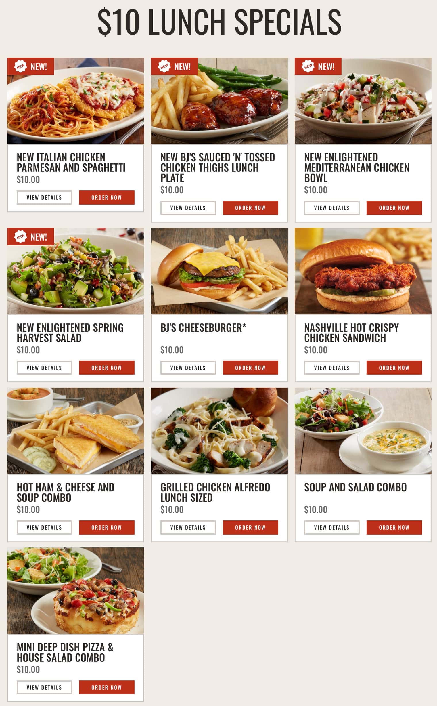 BJ's Restaurant and Brewhouse Dallas Lunch Specials Menu