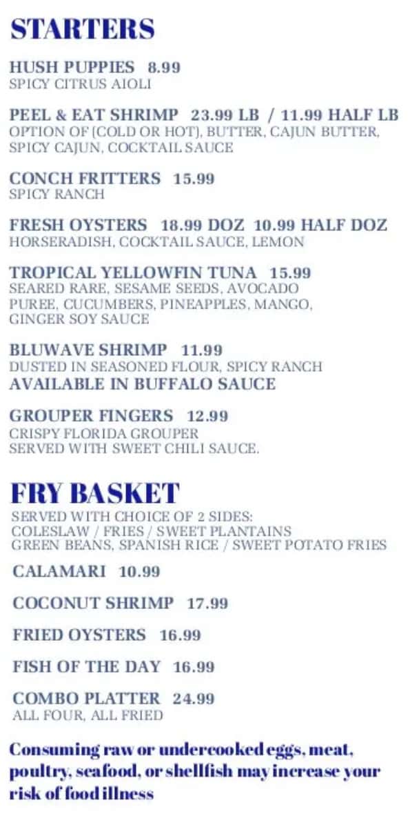 Bluwave Lobster House Lunch Menu