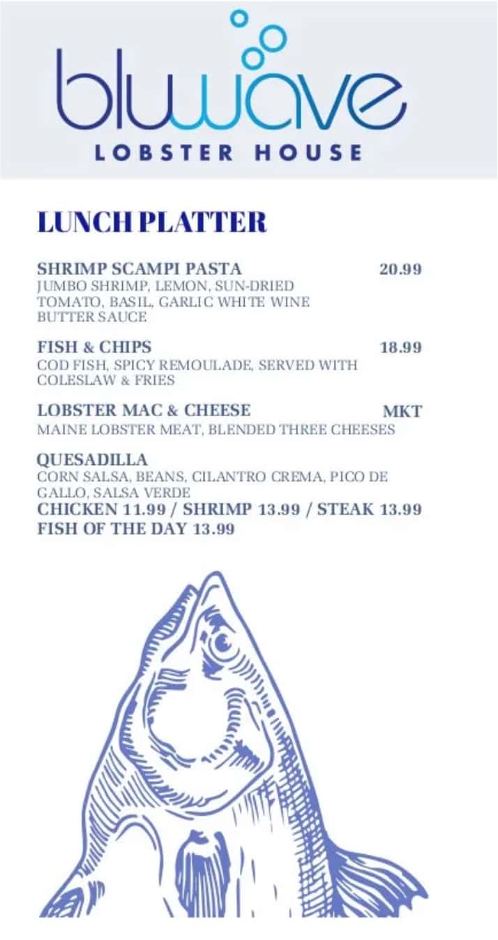 Bluwave Lobster House Lunch Menu