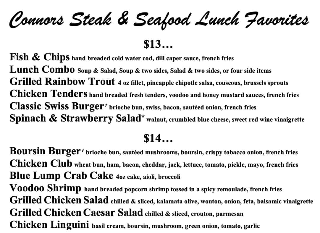 Connor's Steak and Seafood Lunch Menu
