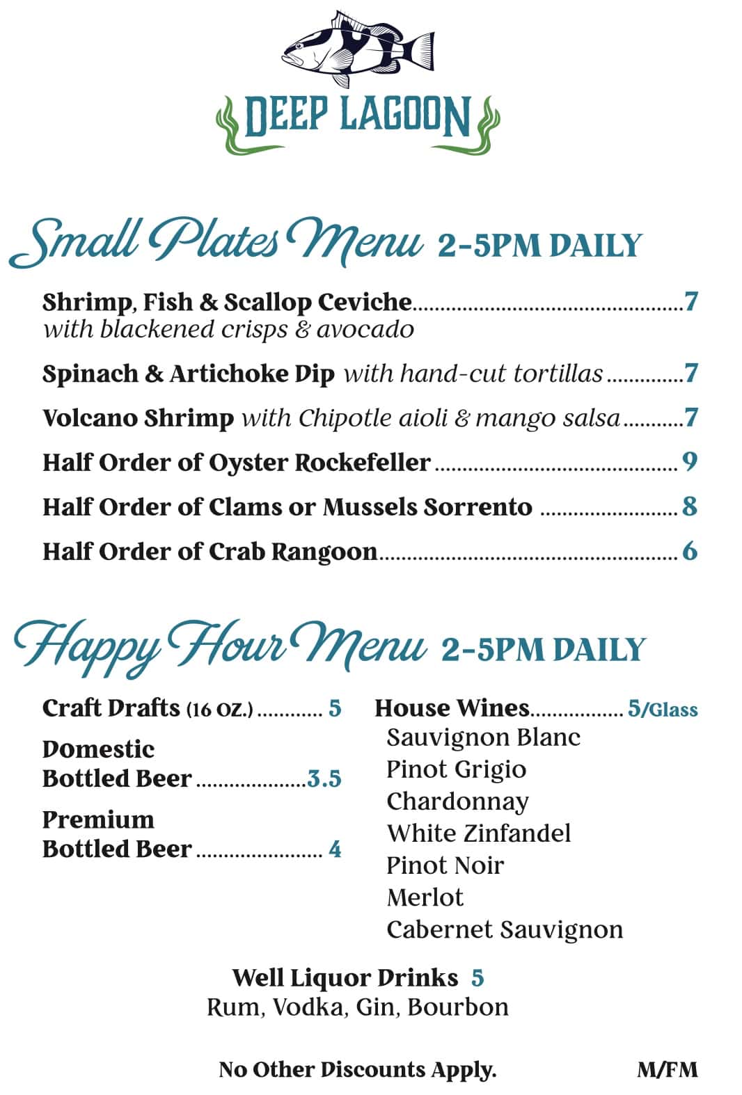 Deep Lagoon Seafood and Oyster House Small Plates and Happy Hour Menu