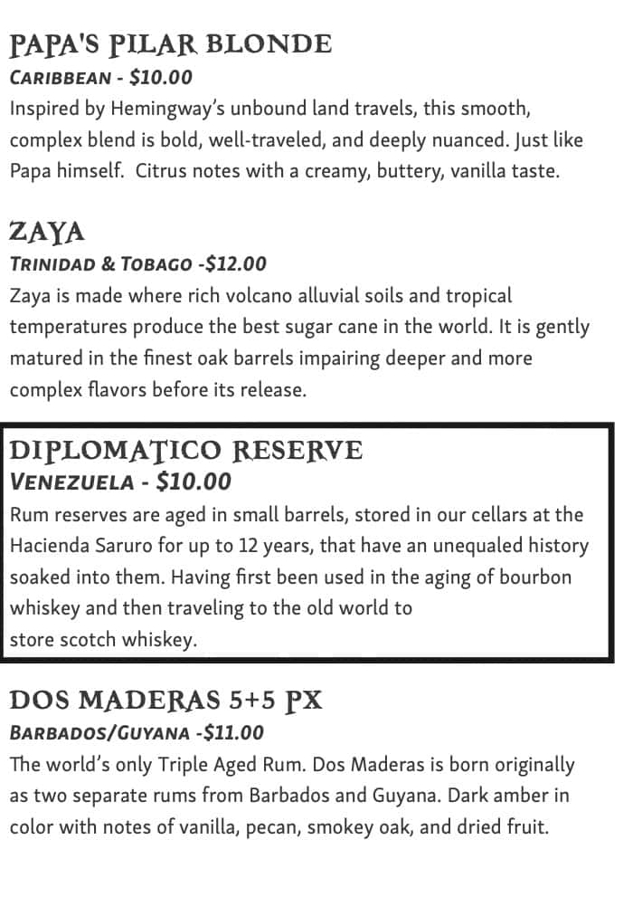 Doc Ford's Rum Bar and Grille Drink Menu