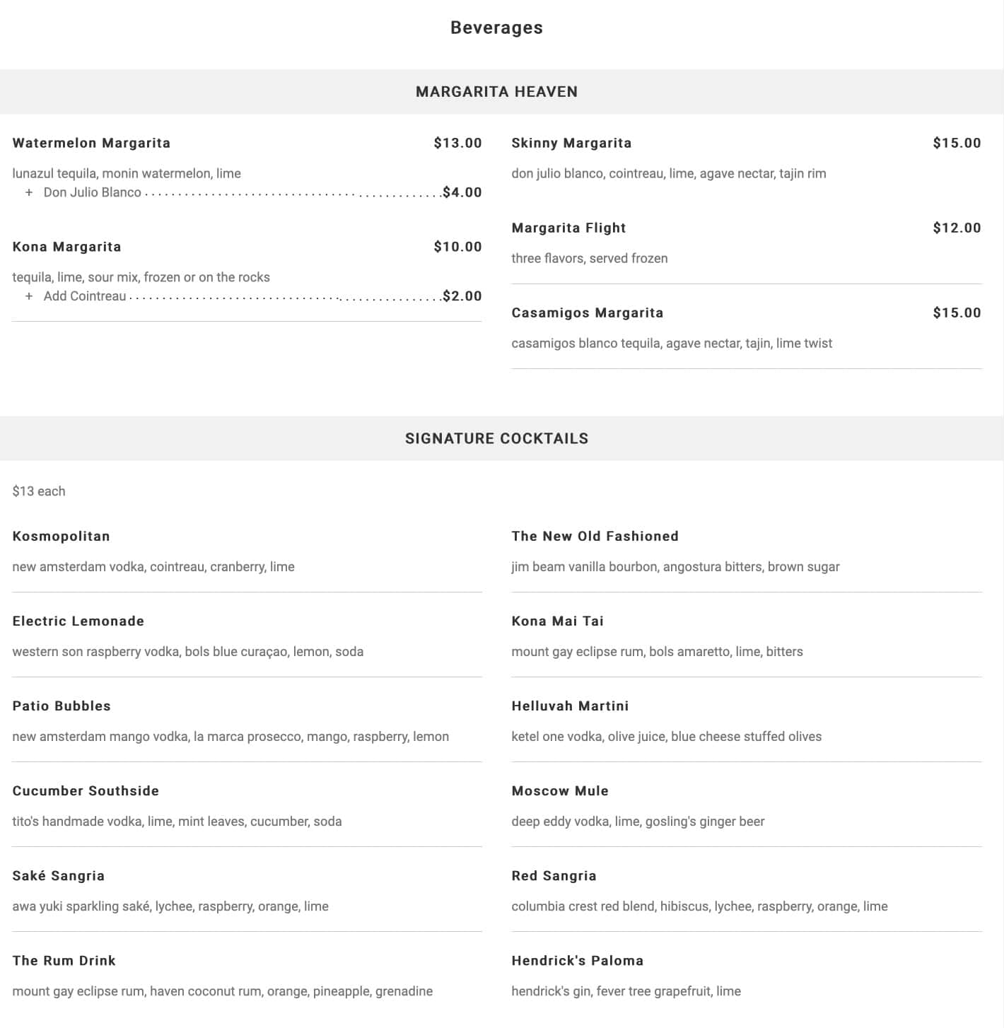 Kona Grill Beverage Menu