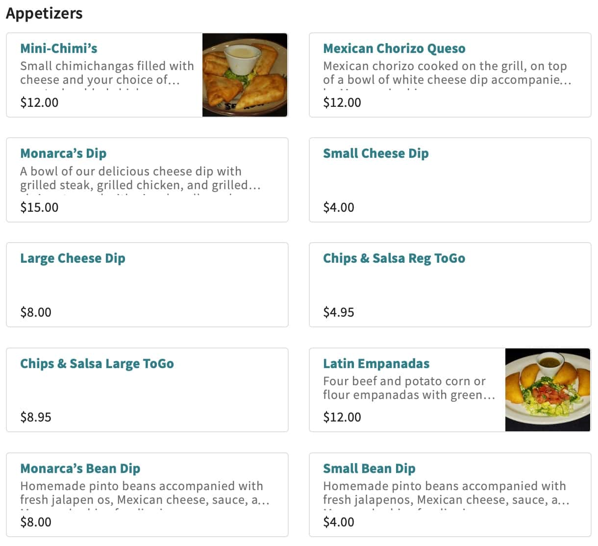 Monarca's Authentic Mexican Cuisine Bar and Grill Appetizer Menu