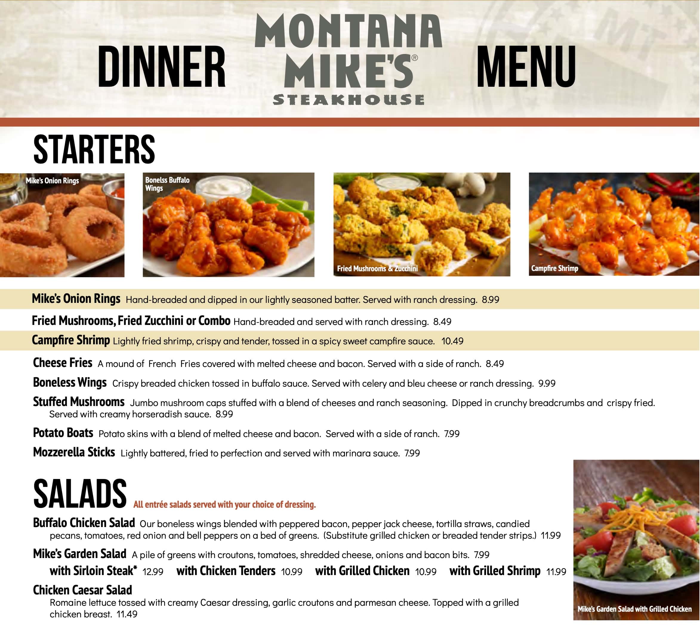 Montana Mike's Starters and Salads Menu