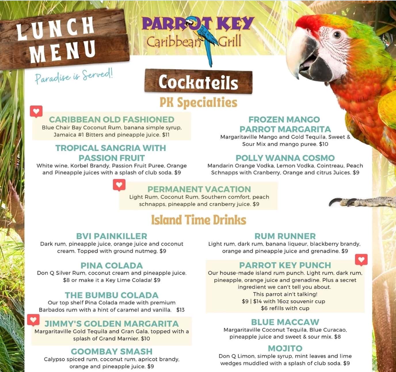Parrot Key Caribbean Grill Lunch Menu
