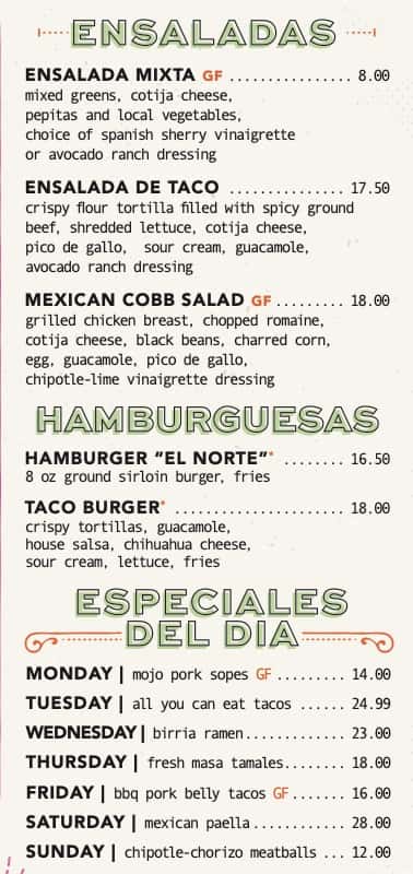 Rocco's Tacos and Tequila Bar Salads, Hamburgers, and Specials Menu