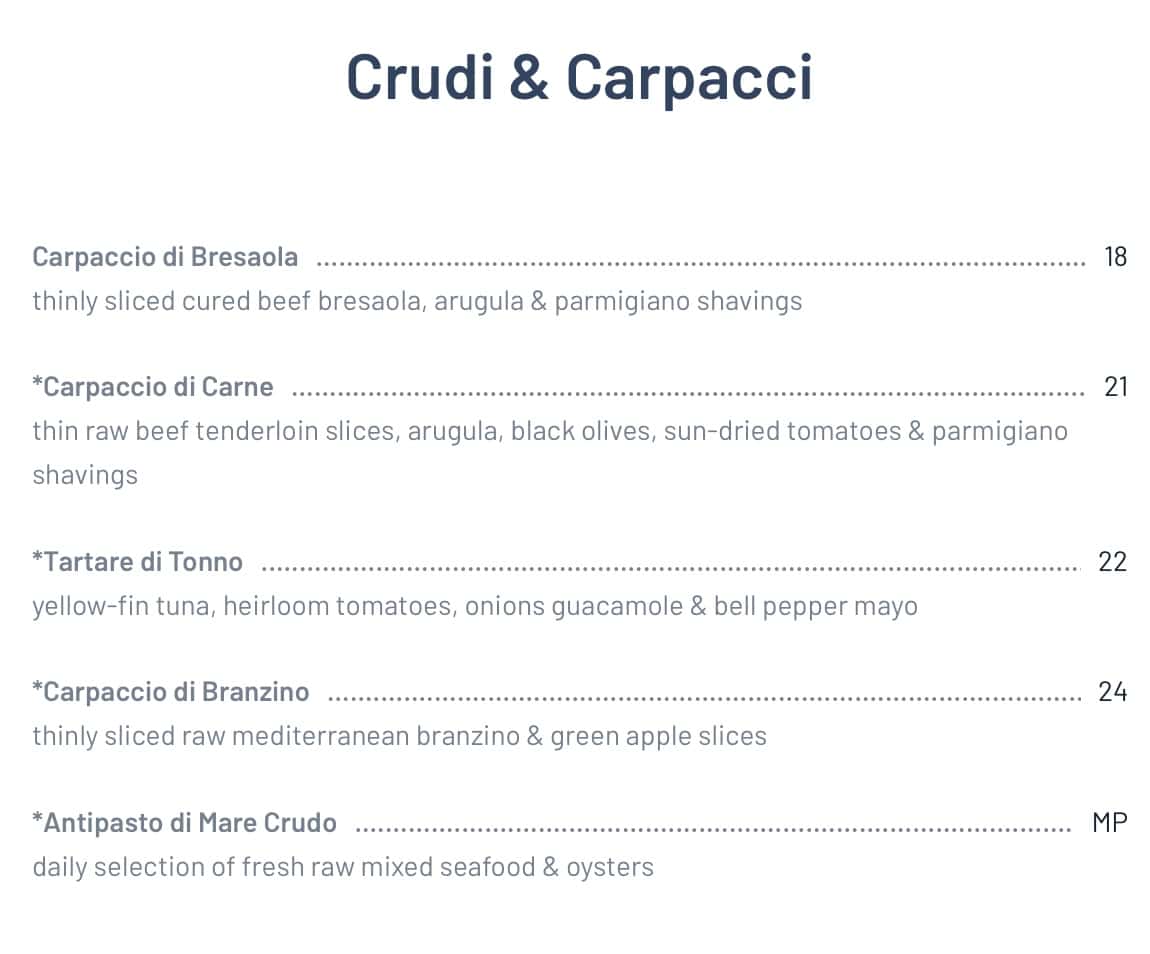 Sapore di Mare Italian Seafood Crudi and Carpacci Menu