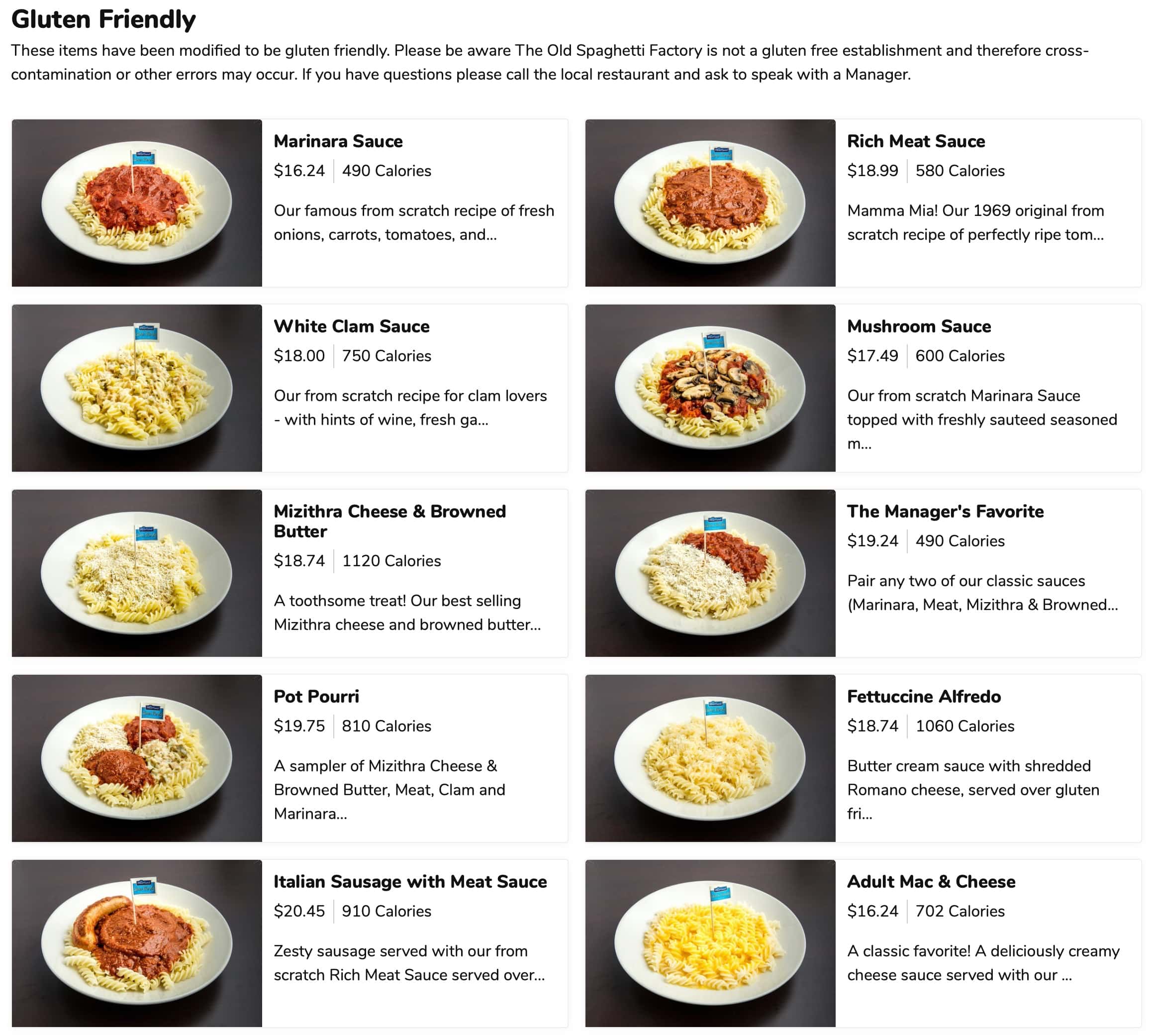 The Old Spaghetti Factory Gluten Friendly Menu