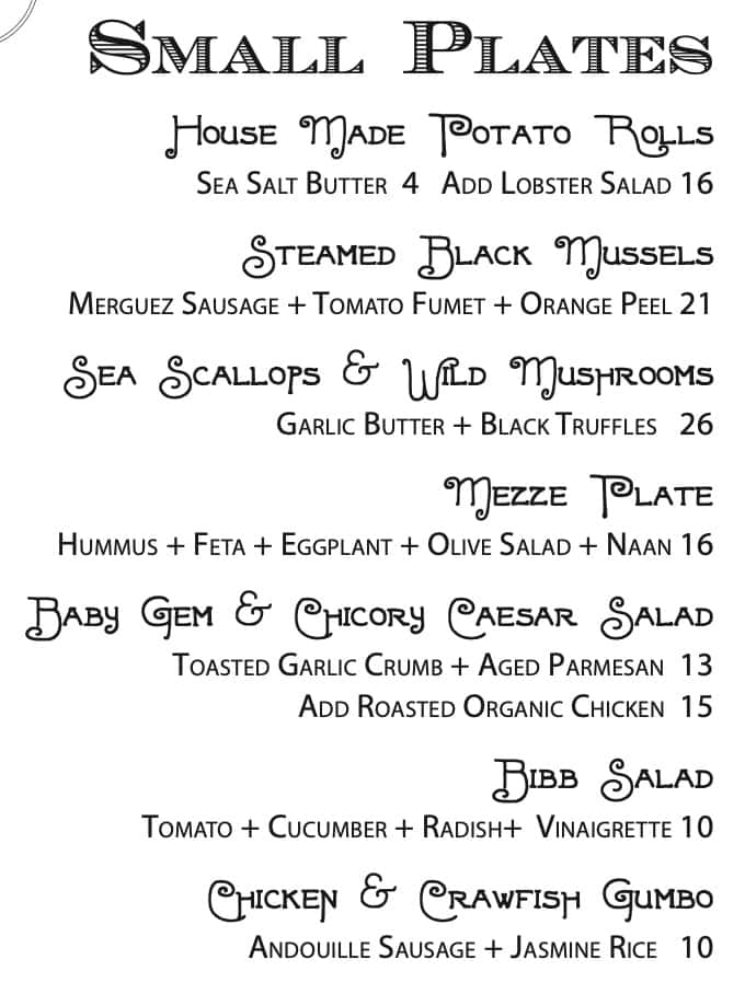 Veronica Fish and Oyster Bar Dinner Menu