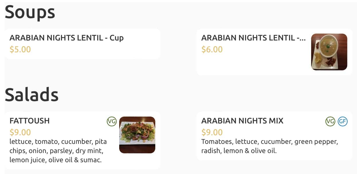 Arabian Nights Soups and Salads Menu