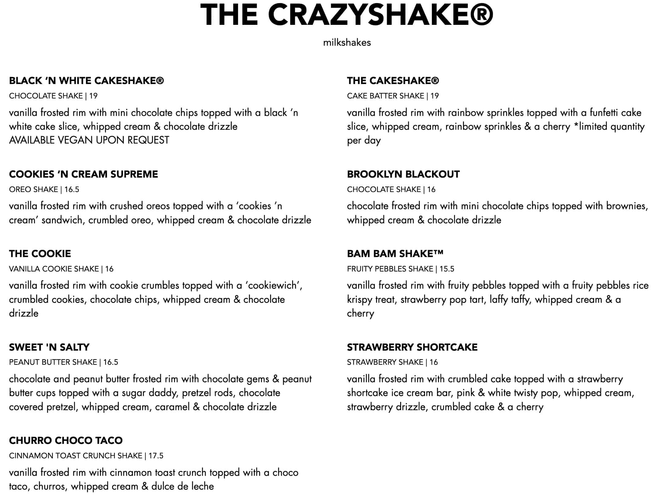 Black Tap The Crazyshake Menu