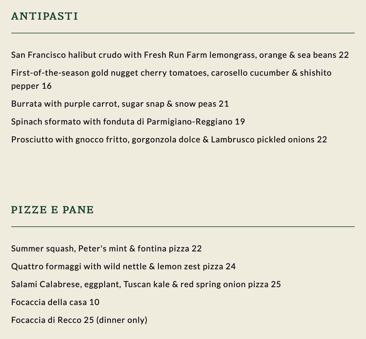 Cotogna Antipasti and Pizza Menu