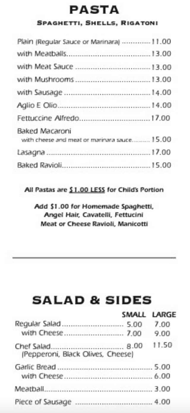 Guido's Pizza Haven and Restaurant Pasta, Salads, and Sides Menu