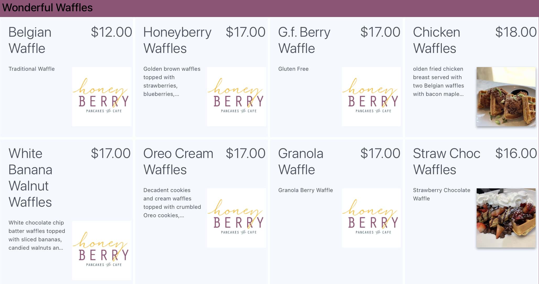 Honey Berry Pancakes and Cafe Waffles Menu