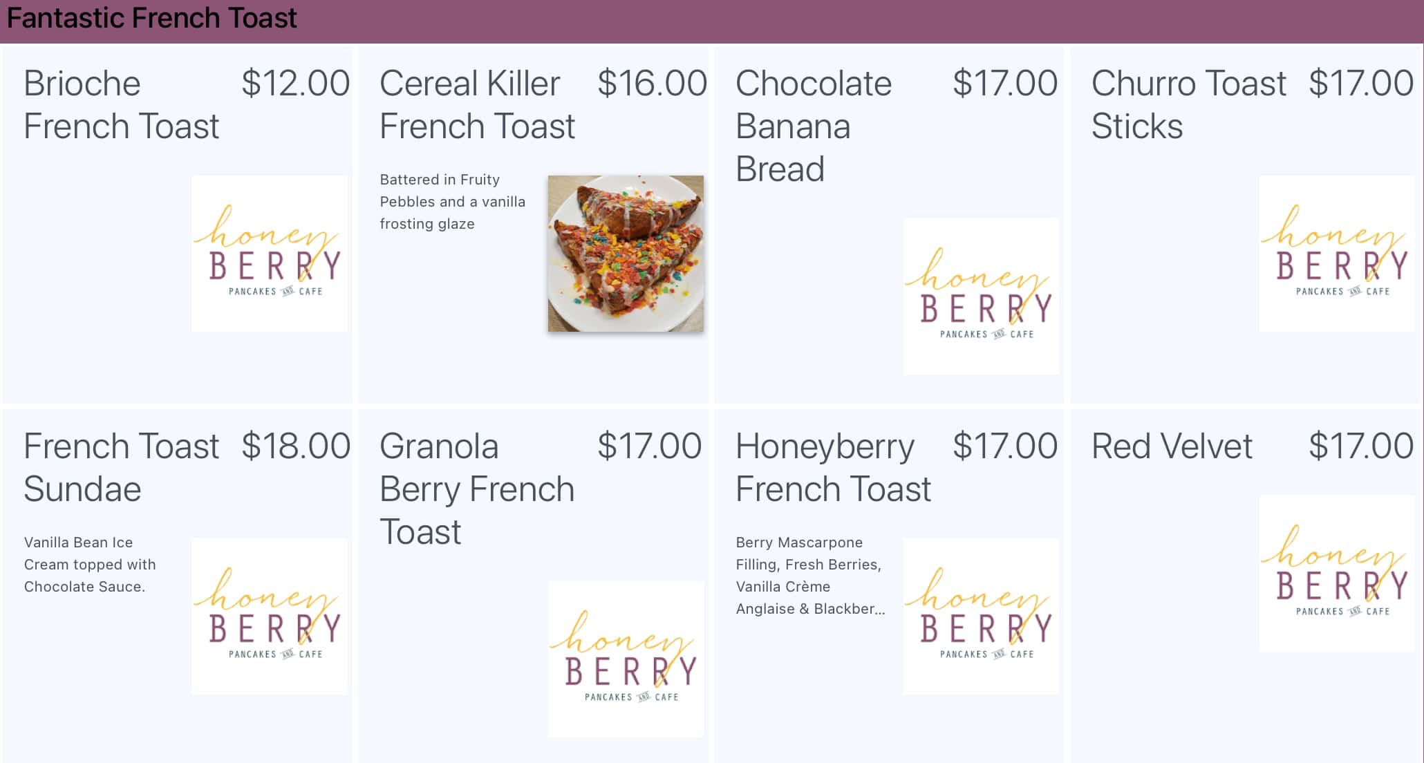 Honey Berry Pancakes and Cafe French Toast Menu
