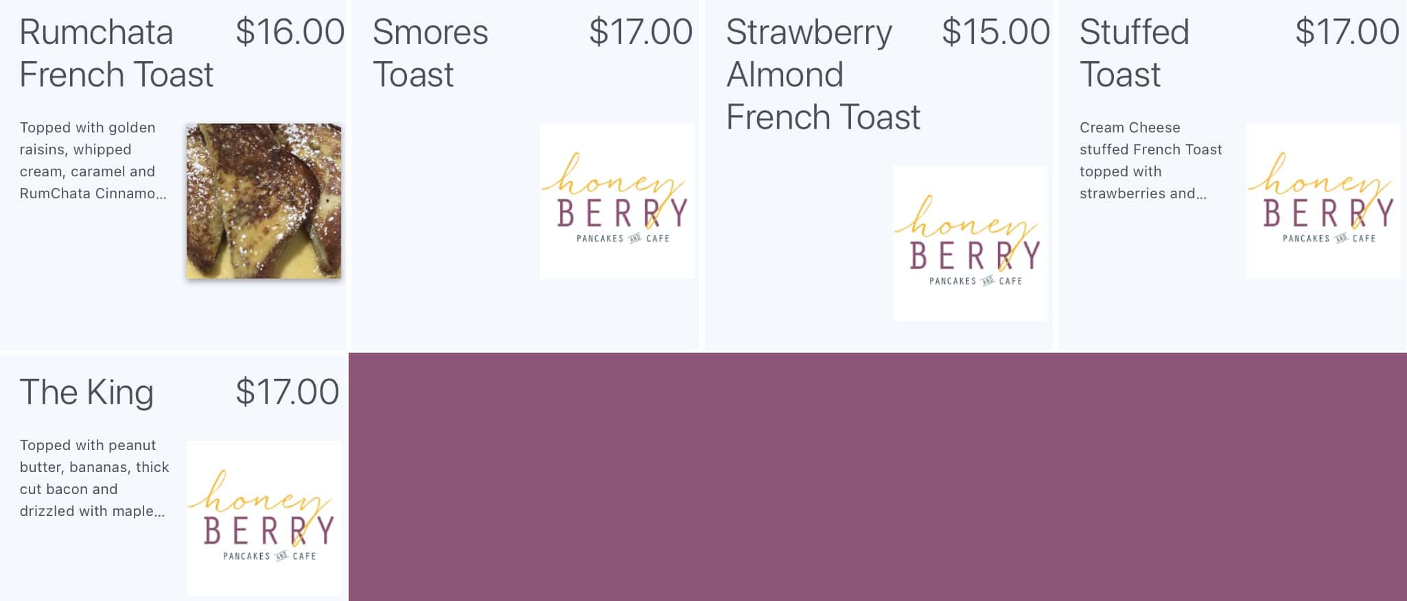 Honey Berry Pancakes and Cafe French Toast Menu