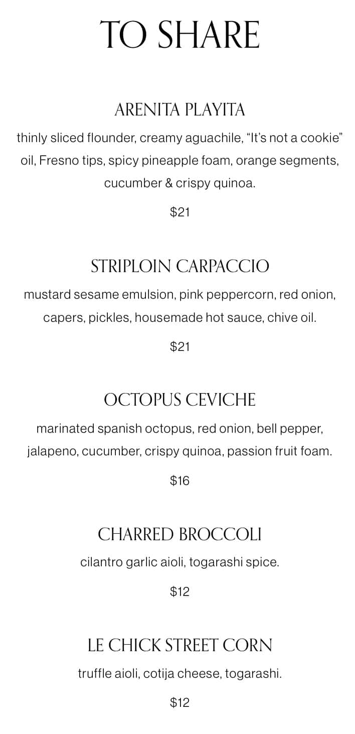 Le Chick Miami Lunch and Dinner Menu