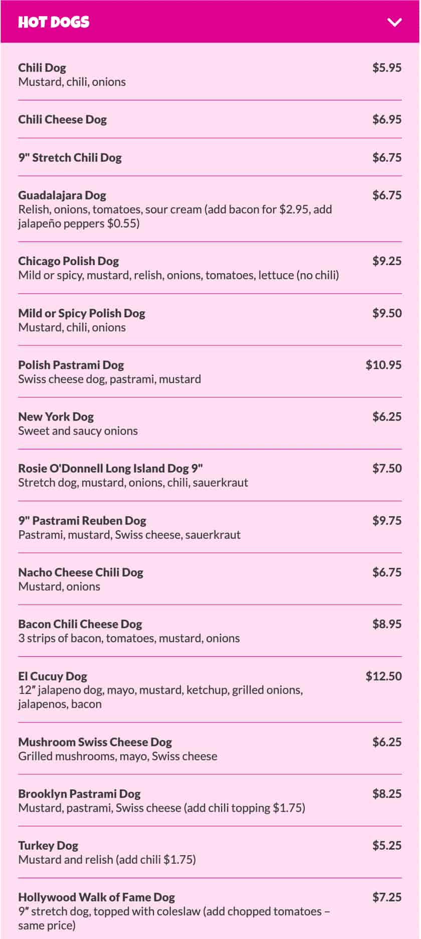 Pink's Hot Dogs Hot Dogs Menu