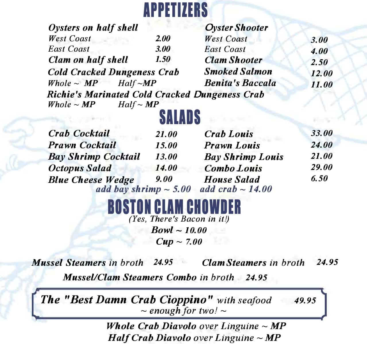 Sotto Mare Appetizers, Salads, and Boston Clam Chowder Menu