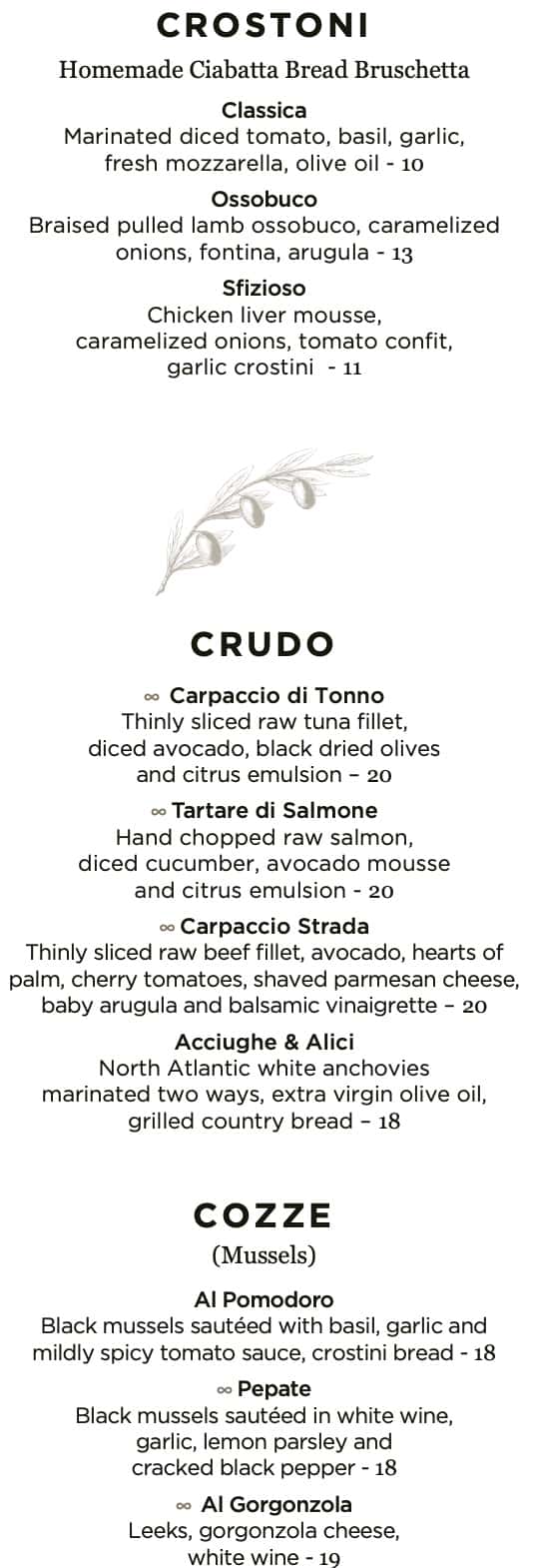 Strada in the Grove Lunch and Dinner Menu