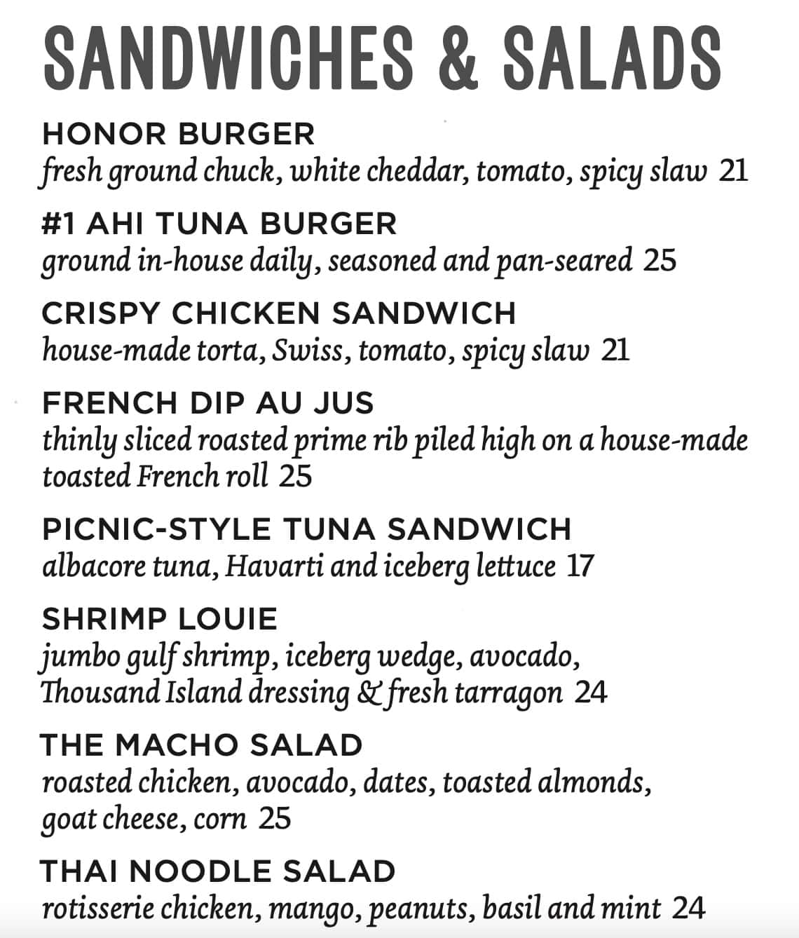 The Honor Bar Sandwiches and Salads Menu