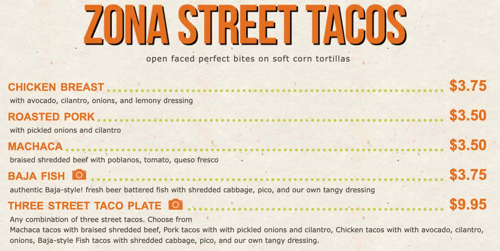 Zona Fresca Zona Street Tacos Menu