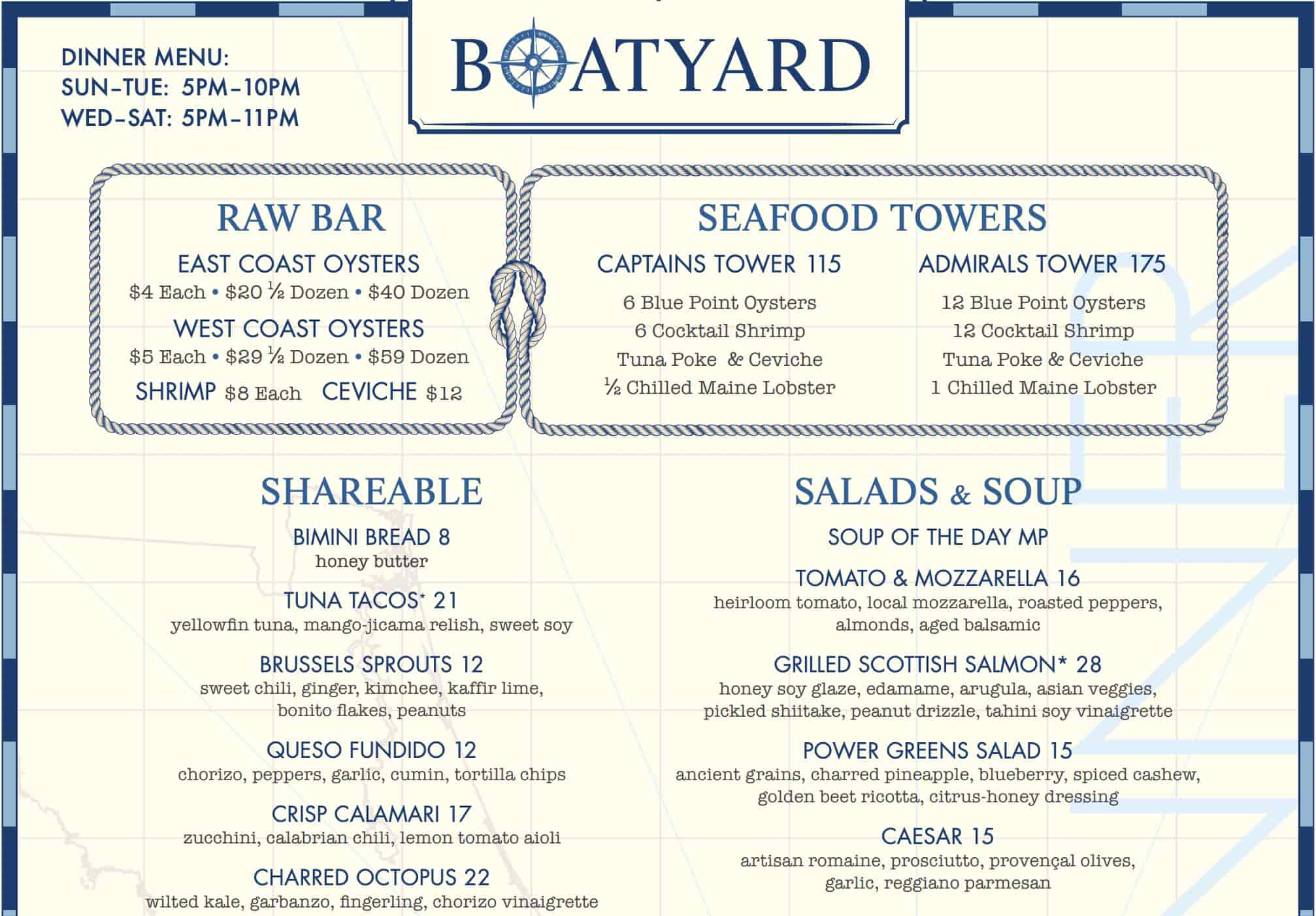 Boatyard Dinner Menu