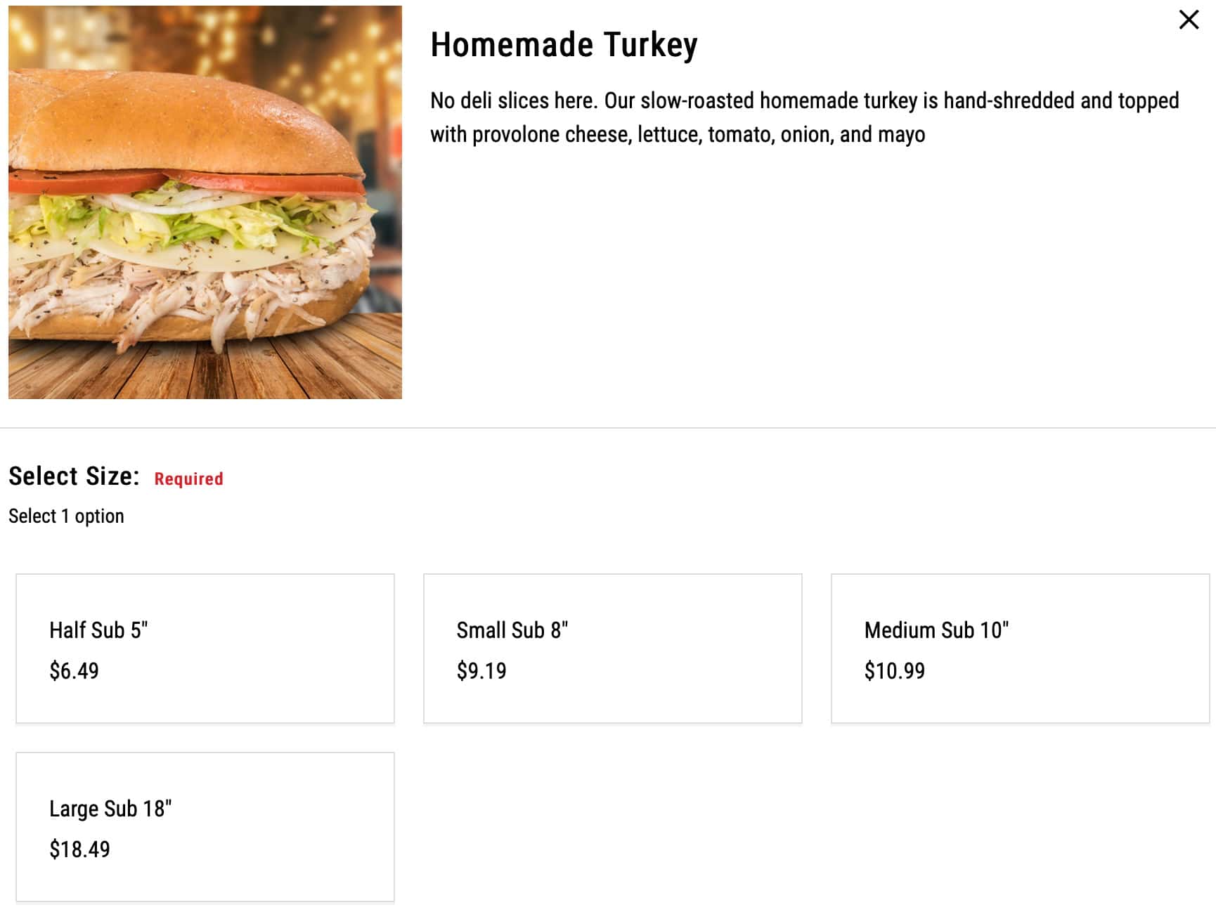 Capriotti's Sandwich Shop Turkey Subs Menu