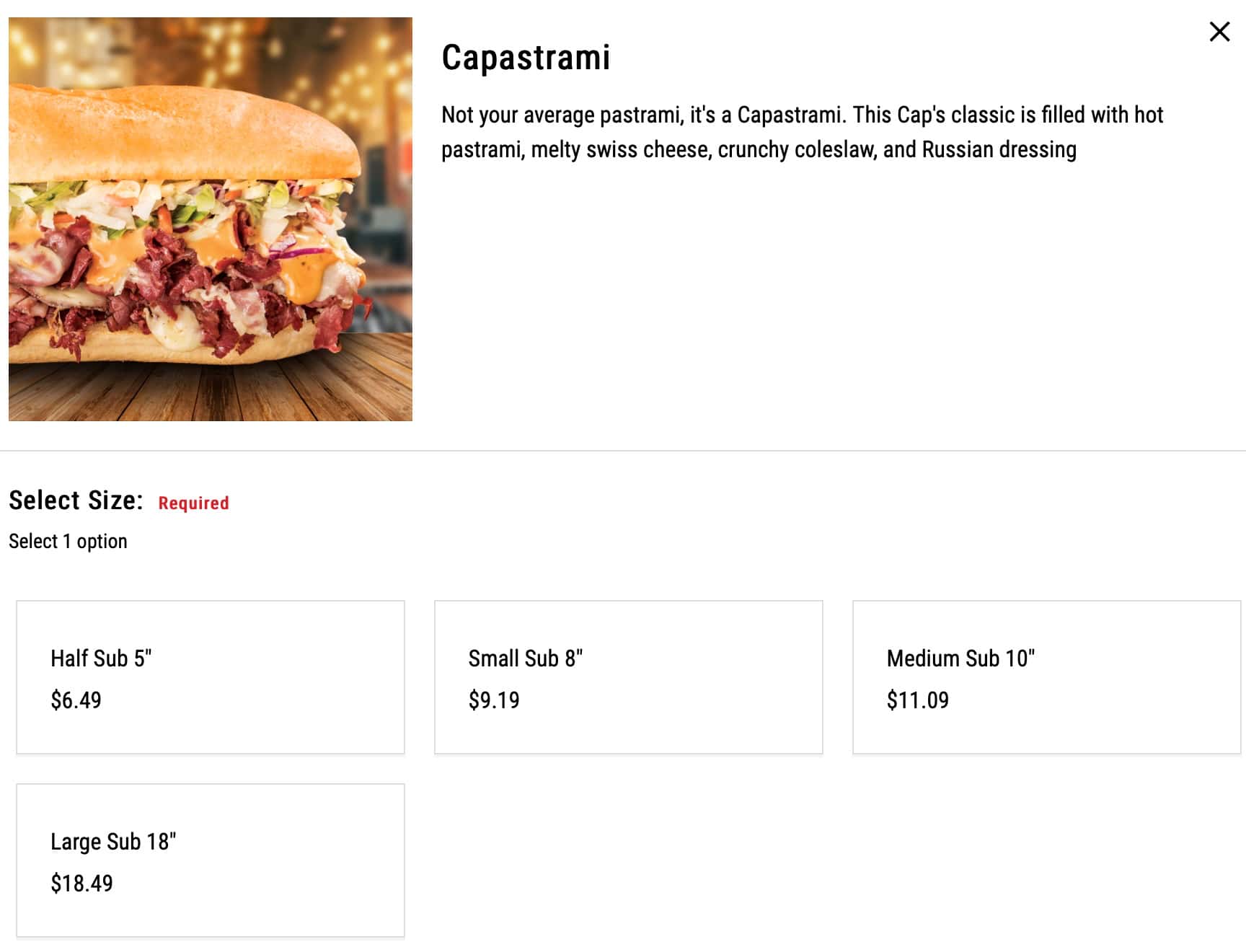 Capriotti's Sandwich Shop Cap's Classics Menu