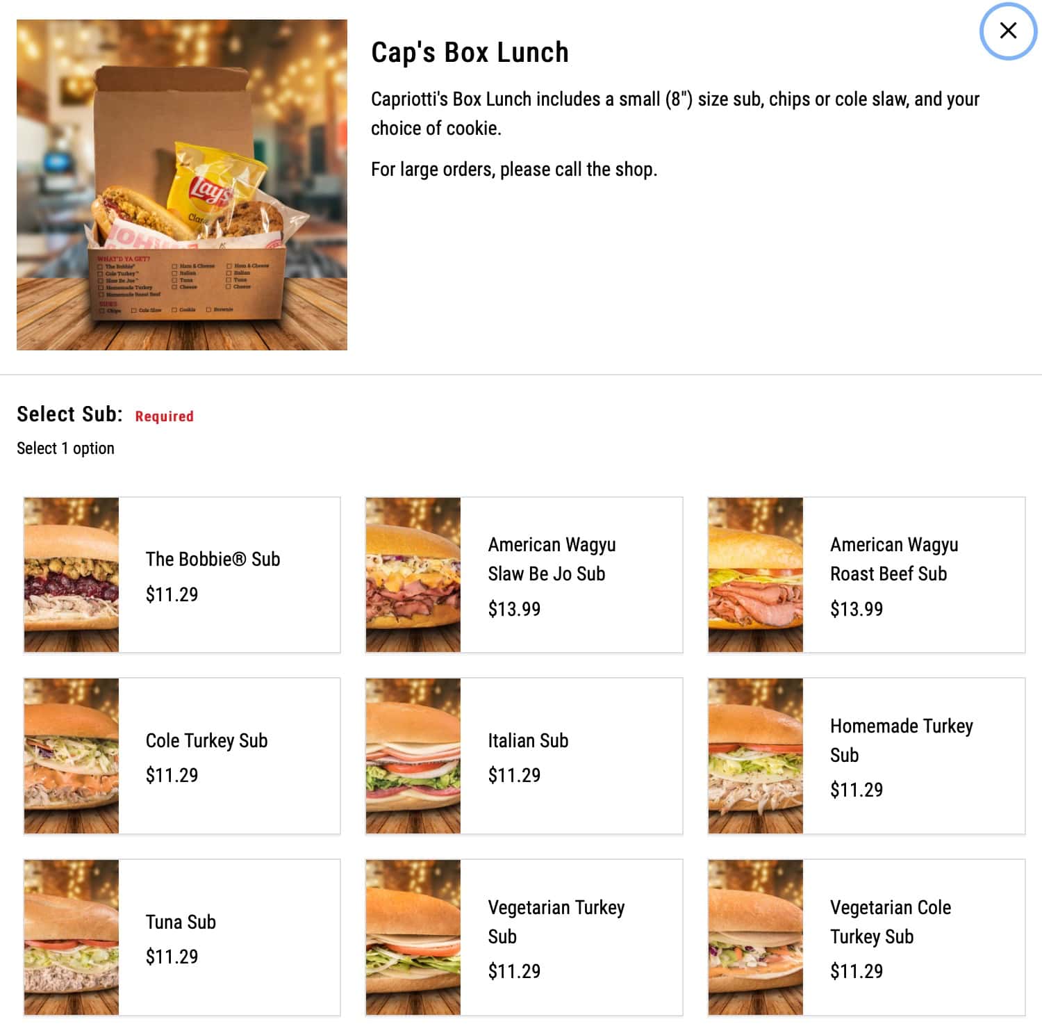 Capriotti's Sandwich Shop Box Lunches Menu