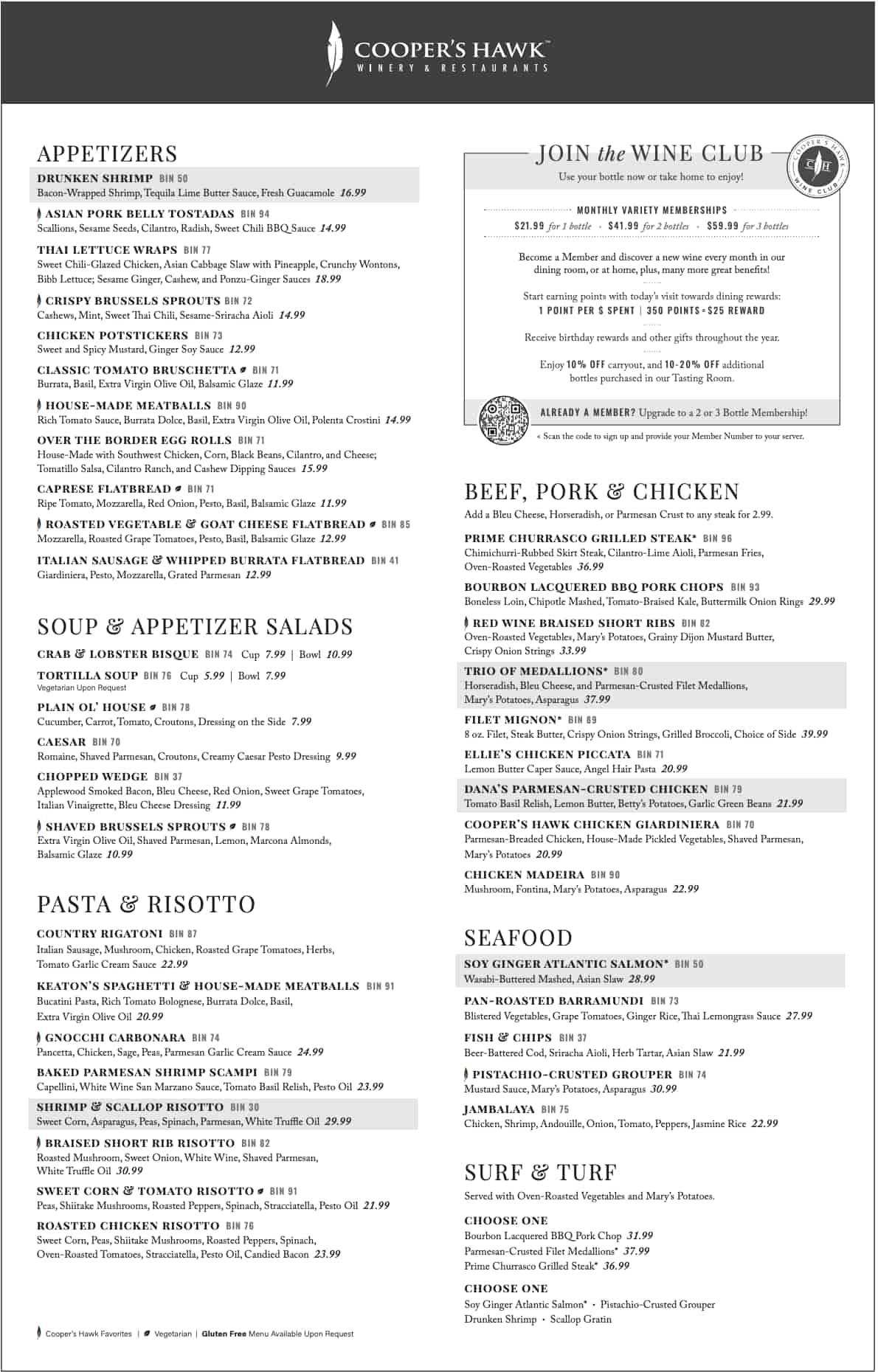 Cooper\'s Hawk Winery and Restaurant Dine In and Carryout Menu