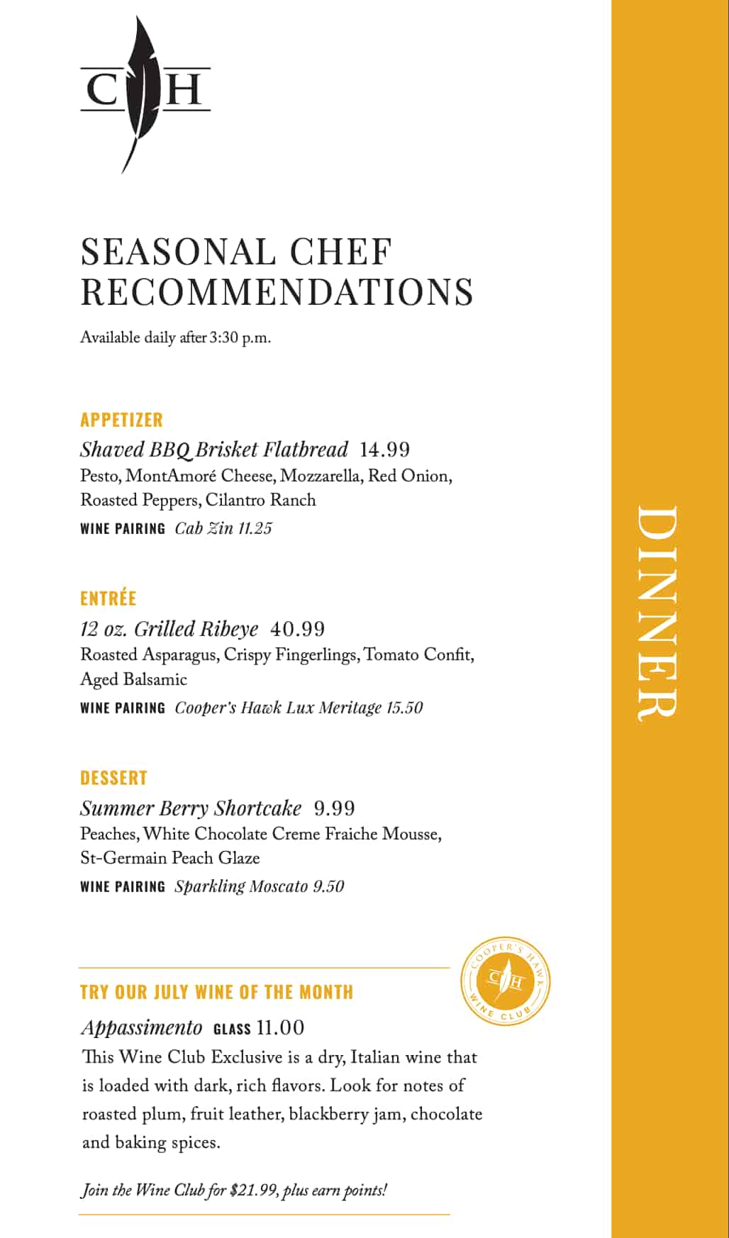 Cooper\'s Hawk Winery and Restaurant Chef Recommendations Menu