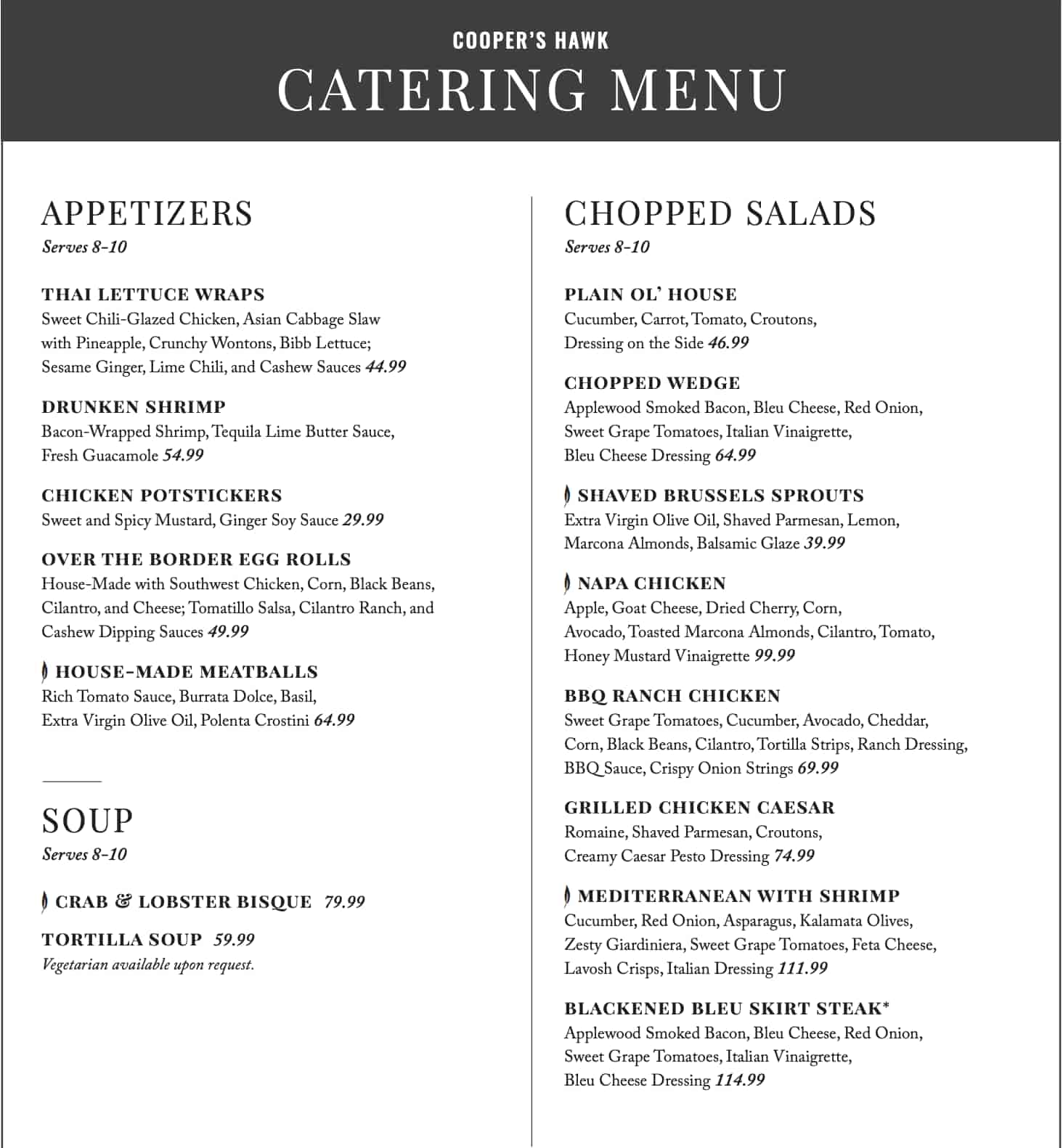 Cooper\'s Hawk Winery and Restaurant Catering Menu