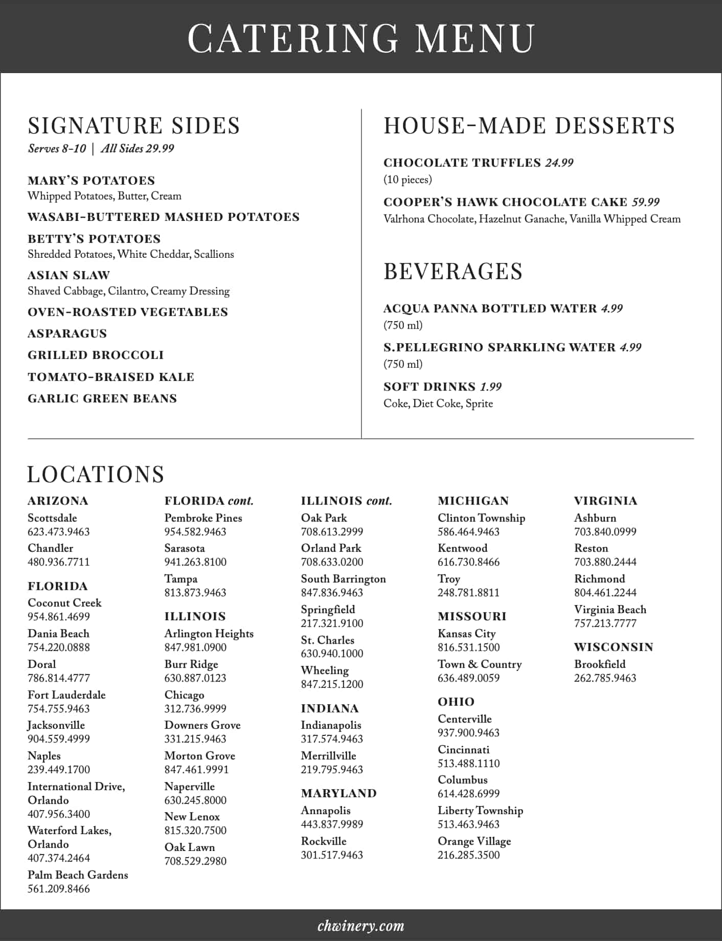 Cooper's Hawk Winery and Restaurant Catering Menu