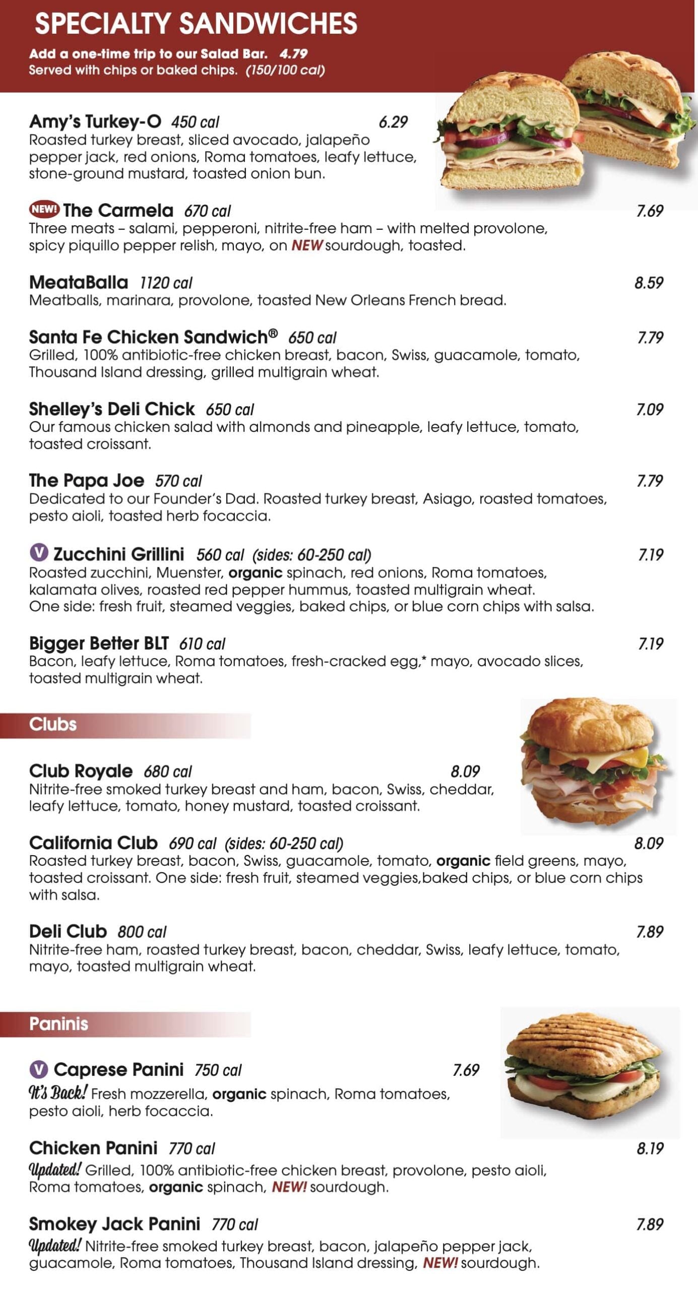 Jason's Deli Specialty Sandwiches, Clubs and Paninis Menu