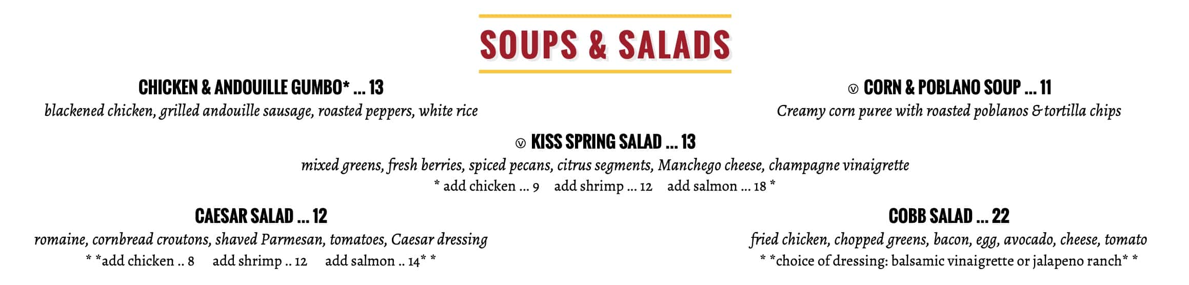 Kiss Restaurant Soups and Salads Menu