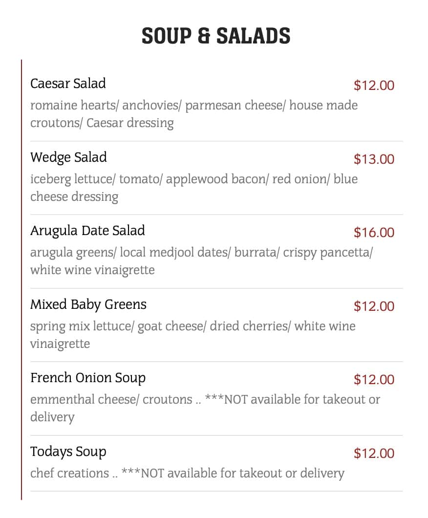LG's Prime Steakhouse Soup and Salad Menu