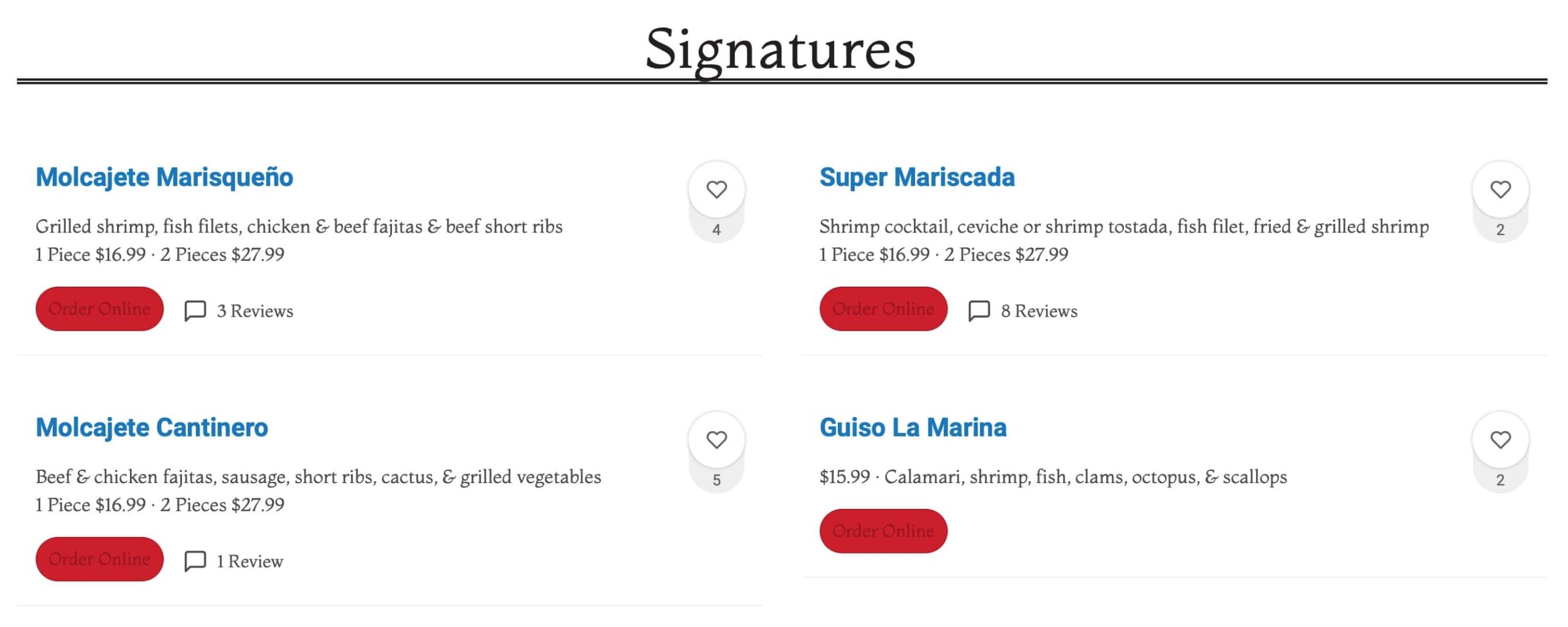 Mariscos La Marina Signatures Menu