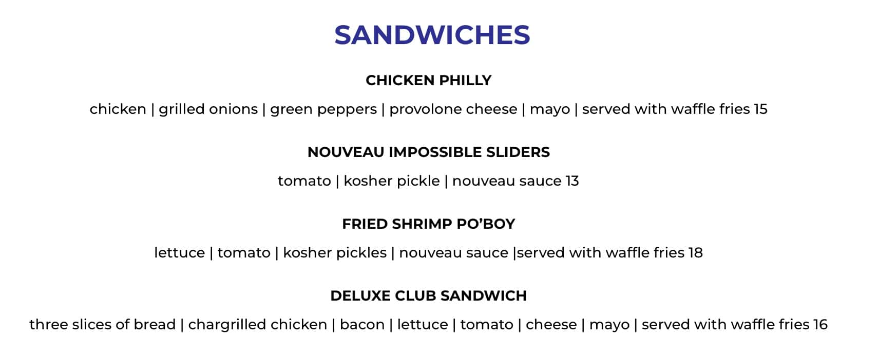Nouvea Bar and Grill Sandwiches Menu