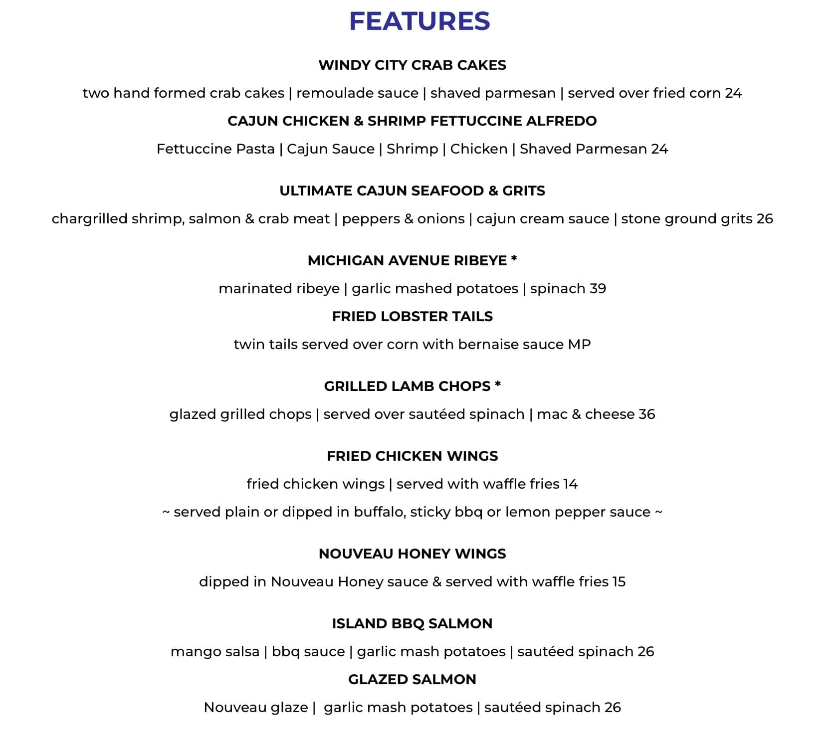 Nouvea Bar and Grill Features Menu
