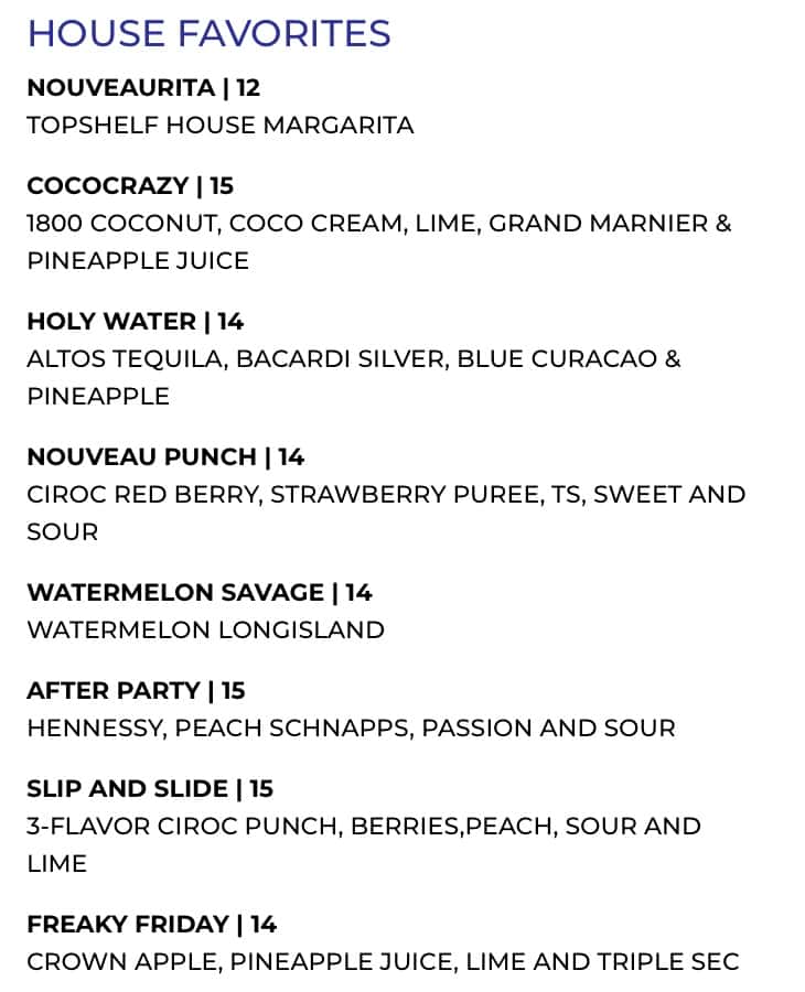 Nouvea Bar and Grill College Park Drinks Menu