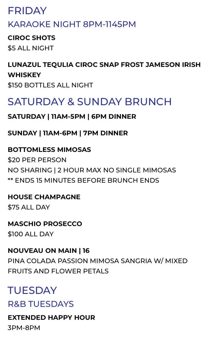Nouvea Bar and Grill College Park Drinks Menu